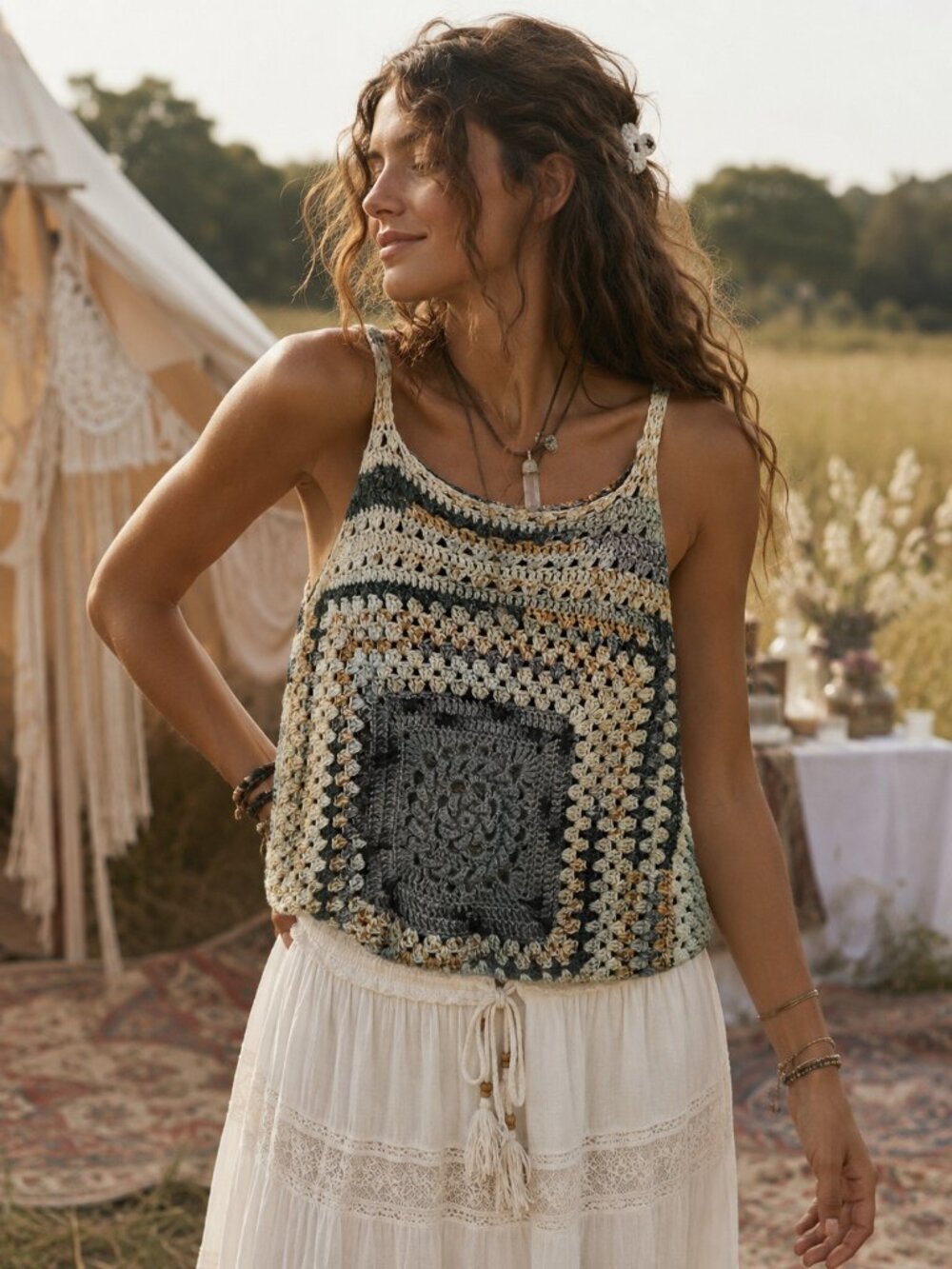 OOAK Handmade Crochet Granny Square Tank Top Boho Festival Cottagecore M/L